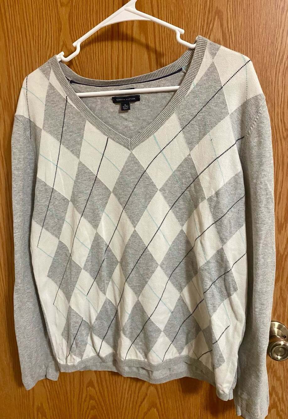 Tommy Hilfiger Argyle V-Neck Sweater Size XL Gray Pima Cotton